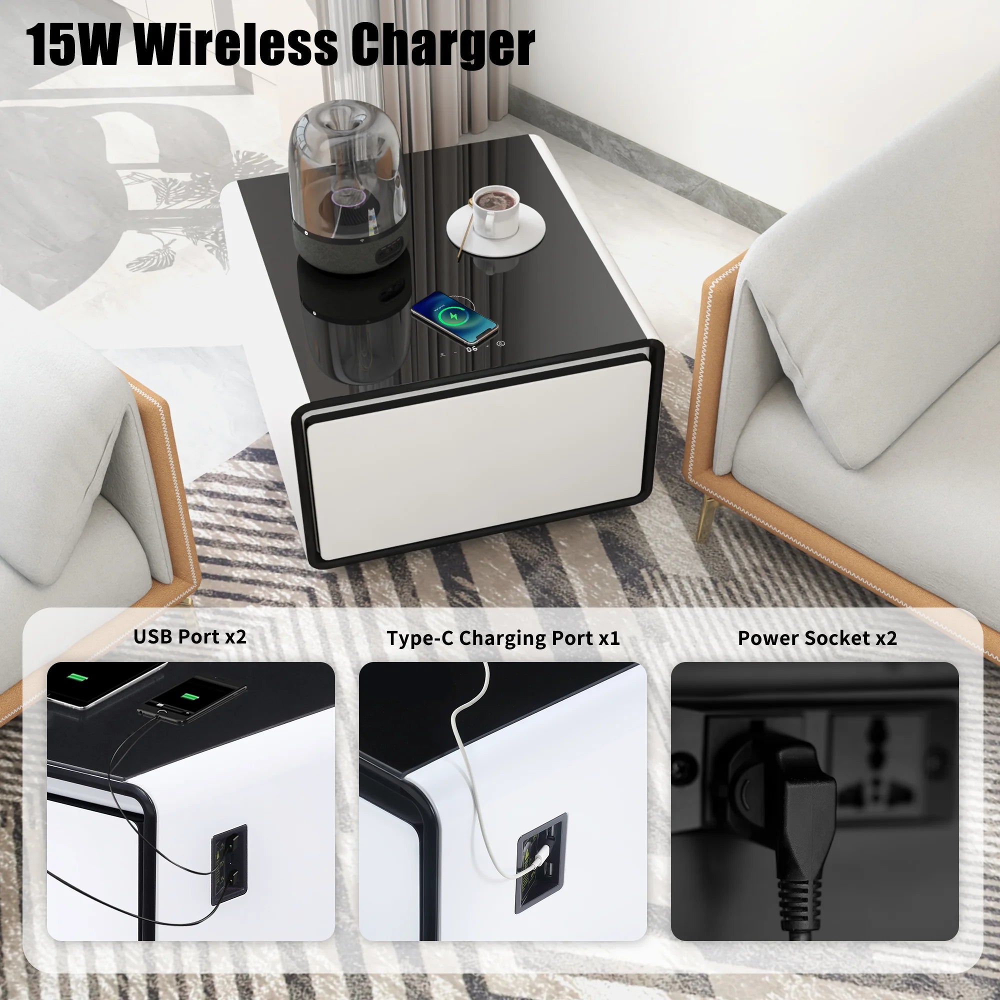 Livtab Smart Side Table with Built-in Fridge and Charging Station, White H571