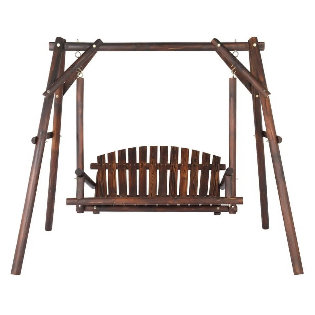 6.5ft Hardwood Patio Swing with Stand, Carbonized Loveseat for 2 G698