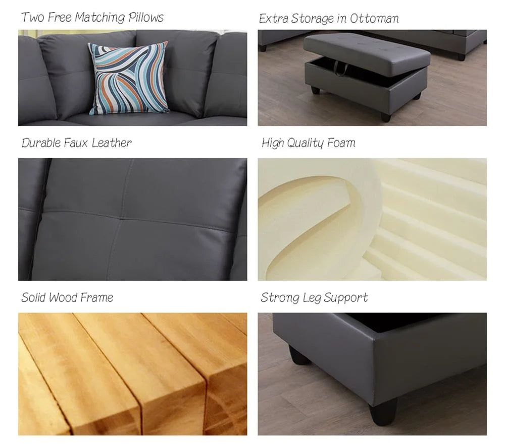 PonLiving Dark Grey Faux Leather Sectional with Ottoman Left Hand Facing M73884