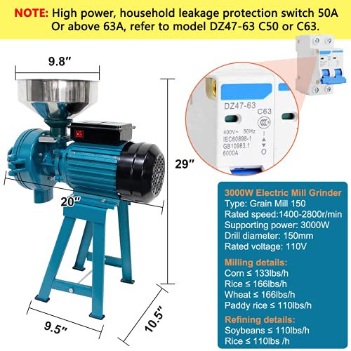3000W Electric Grain Grinder Corn Mill Commercial Wet Dry Cereals Machine with Funnel H4122