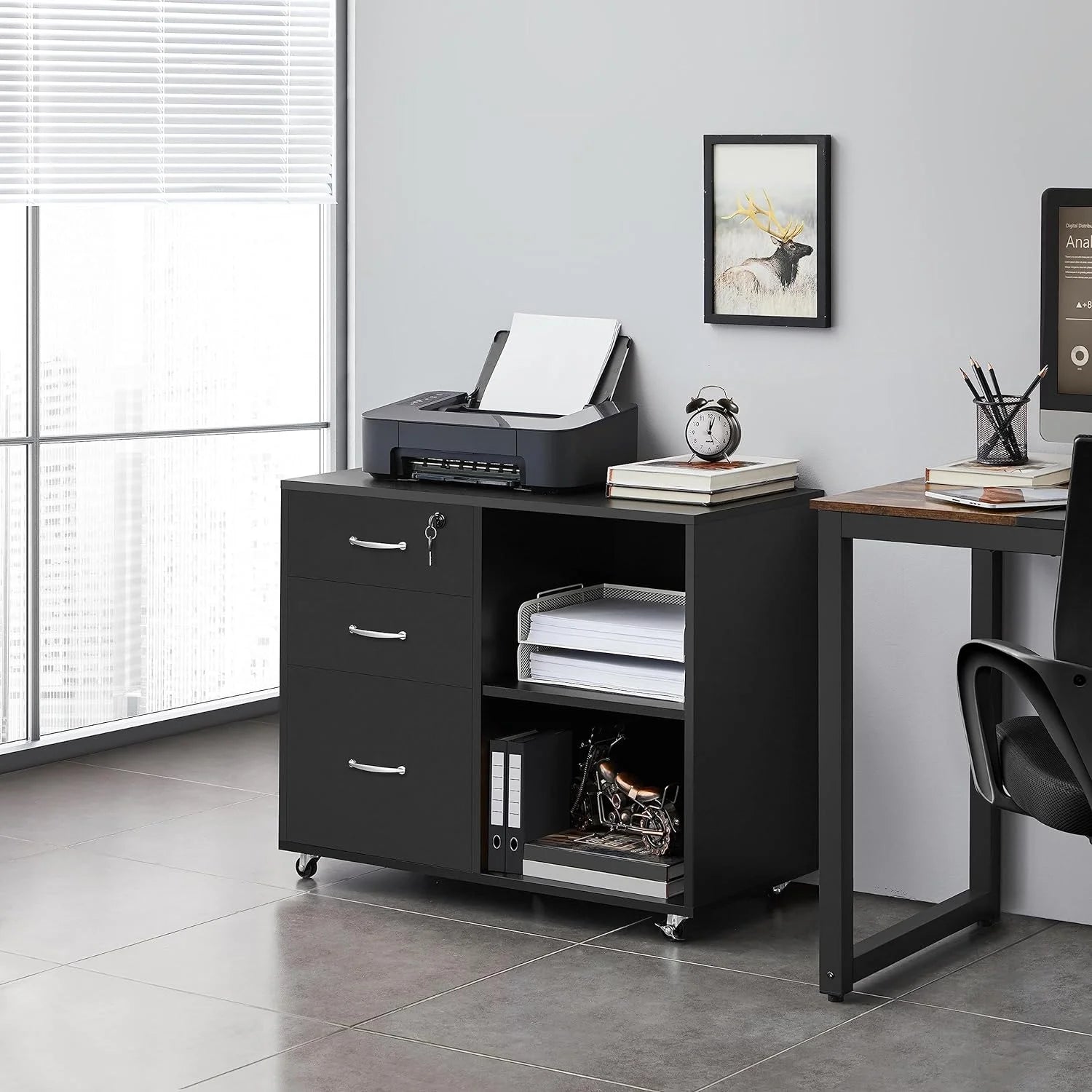 Black File Cabinet with Lock, 3 Drawer Lateral for Home Office O4008