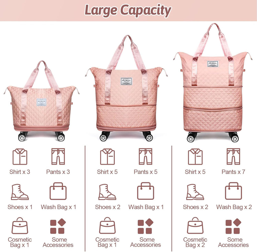 Rolling Duffle Bag with Wheels, Expandable Travel Luggage, Foldable Carry On, Large Pink a7