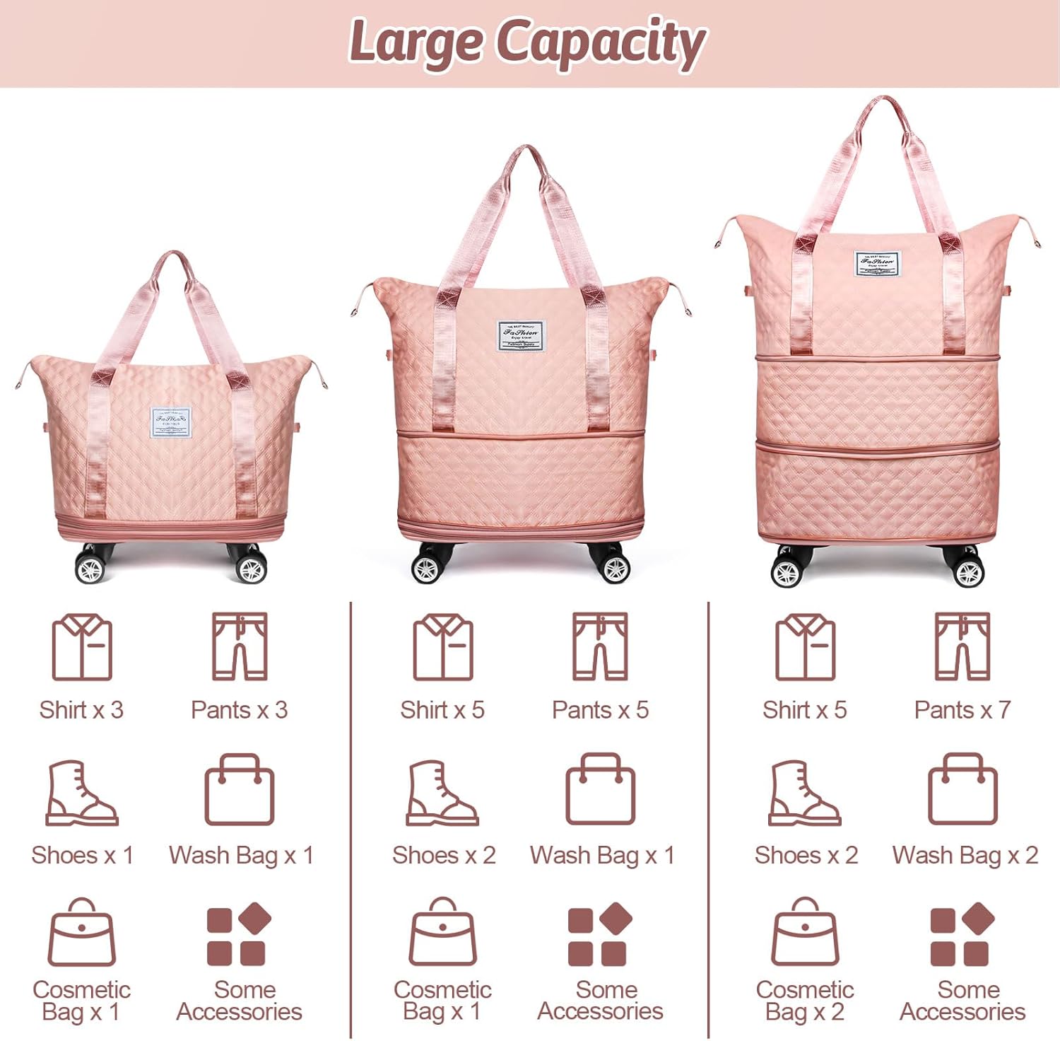 Rolling Duffle Bag with Wheels, Expandable Travel Luggage, Foldable Carry On, Large Pink a7