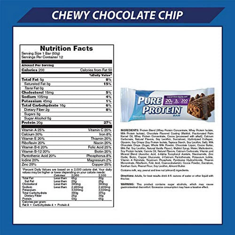 Pure Protein Bars Chewy Chocolate Chip, Gluten Free, 12 Pack N321