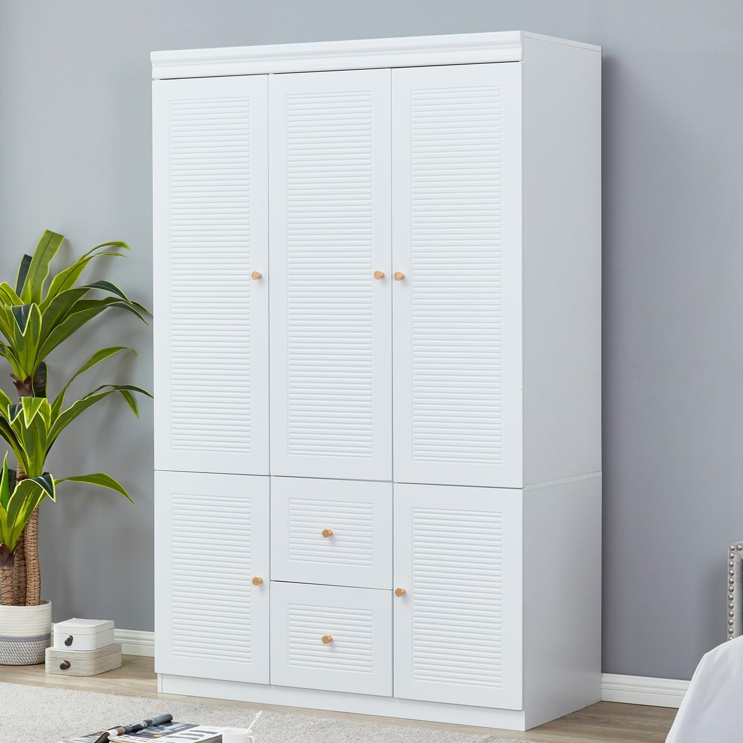 3 Door Armoire Wardrobe Closet with 2 Drawers, White Wooden Cabinet T413596