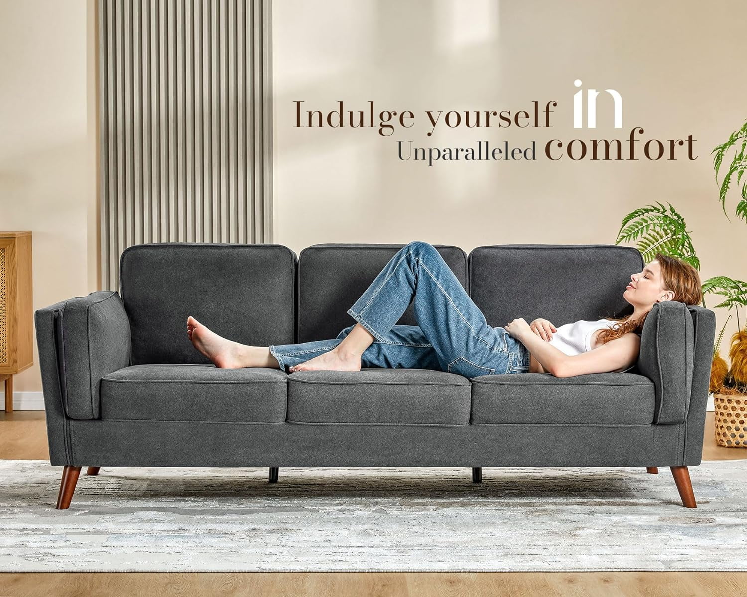 Papajet Sofa 87 inch Modern Couch with Embedded Arm Pillow, Dark Grey P75207