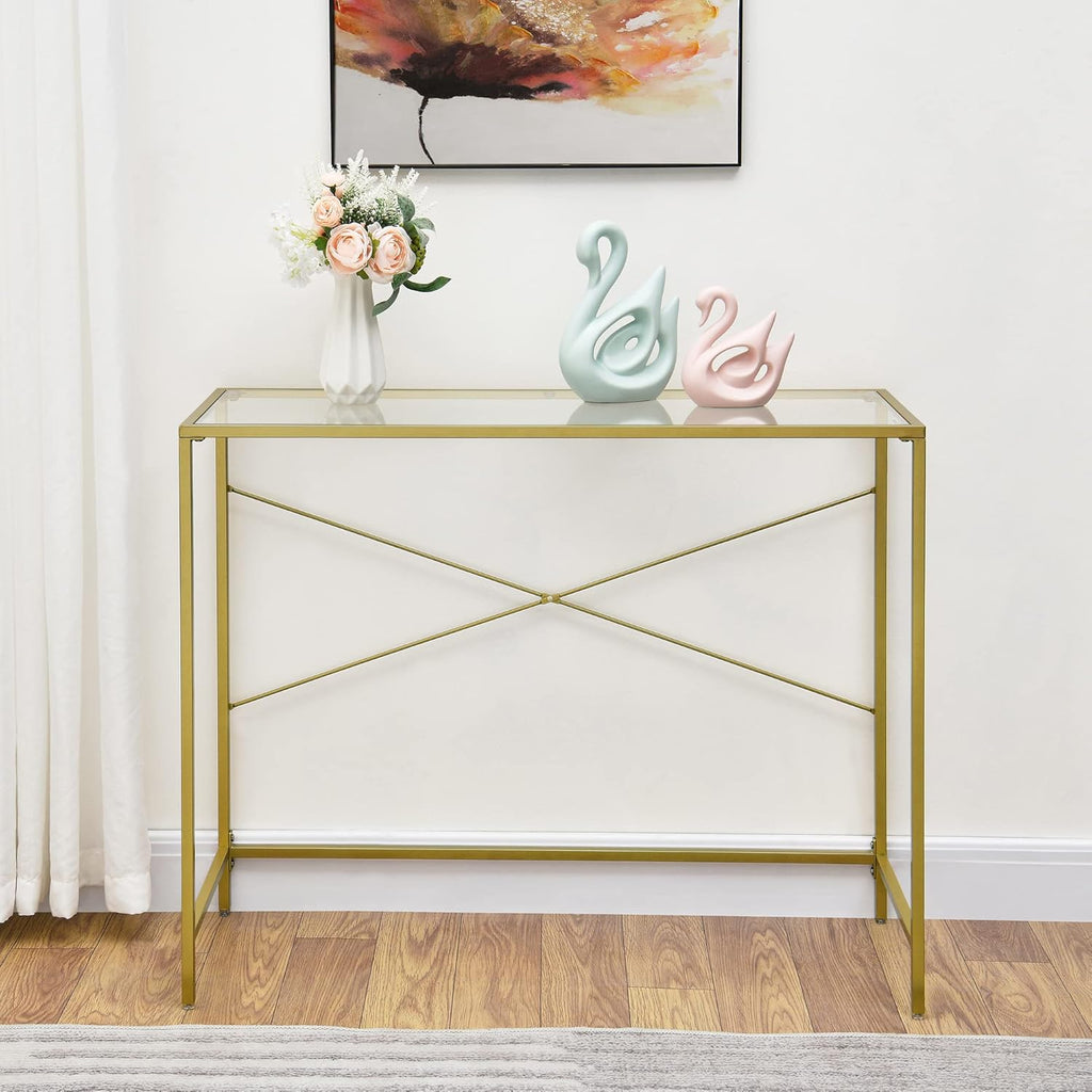 Golden Console Table 39.37" with Tempered Glass Top, Metal Frame, Gold F17720