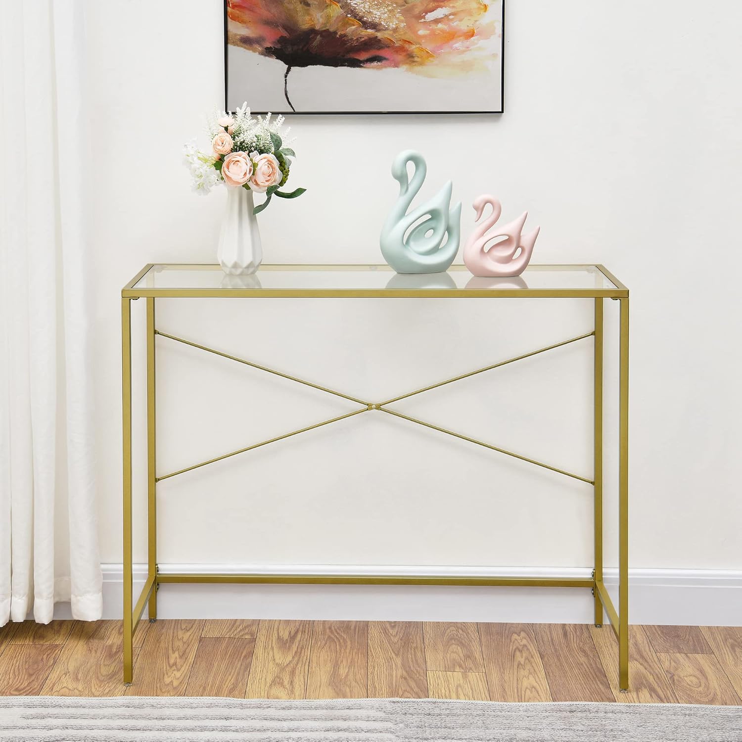 Golden Console Table 39.37" with Tempered Glass Top, Metal Frame, Gold F17720