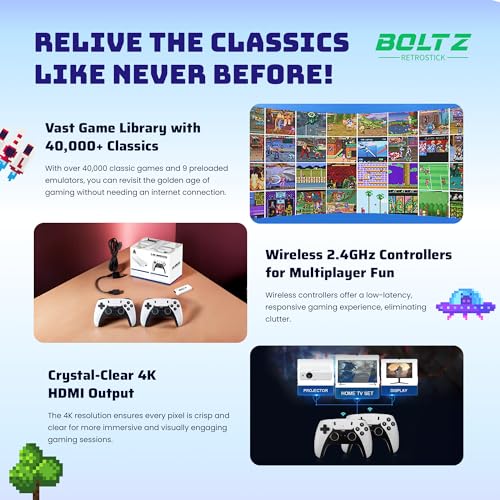Boltz Retro Stick Gaming Console with 40,000+ Games, 2 Wireless Controllers C756