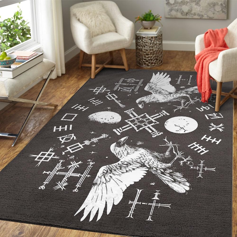 Viking Rugs for Living Room, Scandinavian Mythology Nordic Design Carpet, Custom Size 3x5 4x6 5x8 ft (Raven) F460