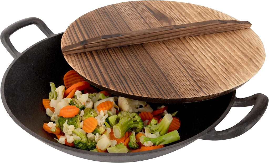 Homeries Pre-Seasoned Cast Iron Wok with Wooden Lid 14 Inch Nonstick Frying Pan U3408