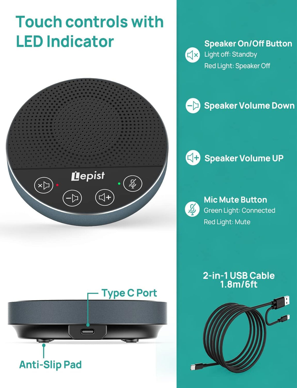 USB Speakerphone with Microphone for Conference Calls, 360 Voice Pickup, Plug and Play k7