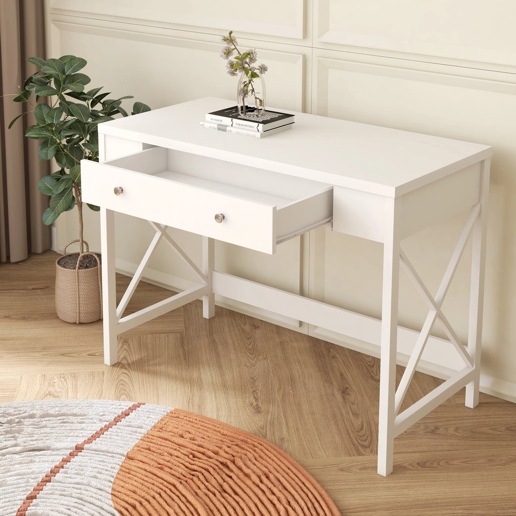 paproos White Work Study Table, Desk with a Storage Drawer for Living Room Home and Office