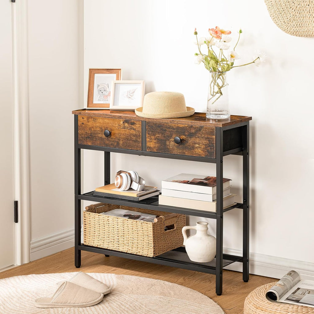 HOOBRO Narrow Console Table with 2 Fabric Drawers and Charging Station, Rustic Brown and Black H1095