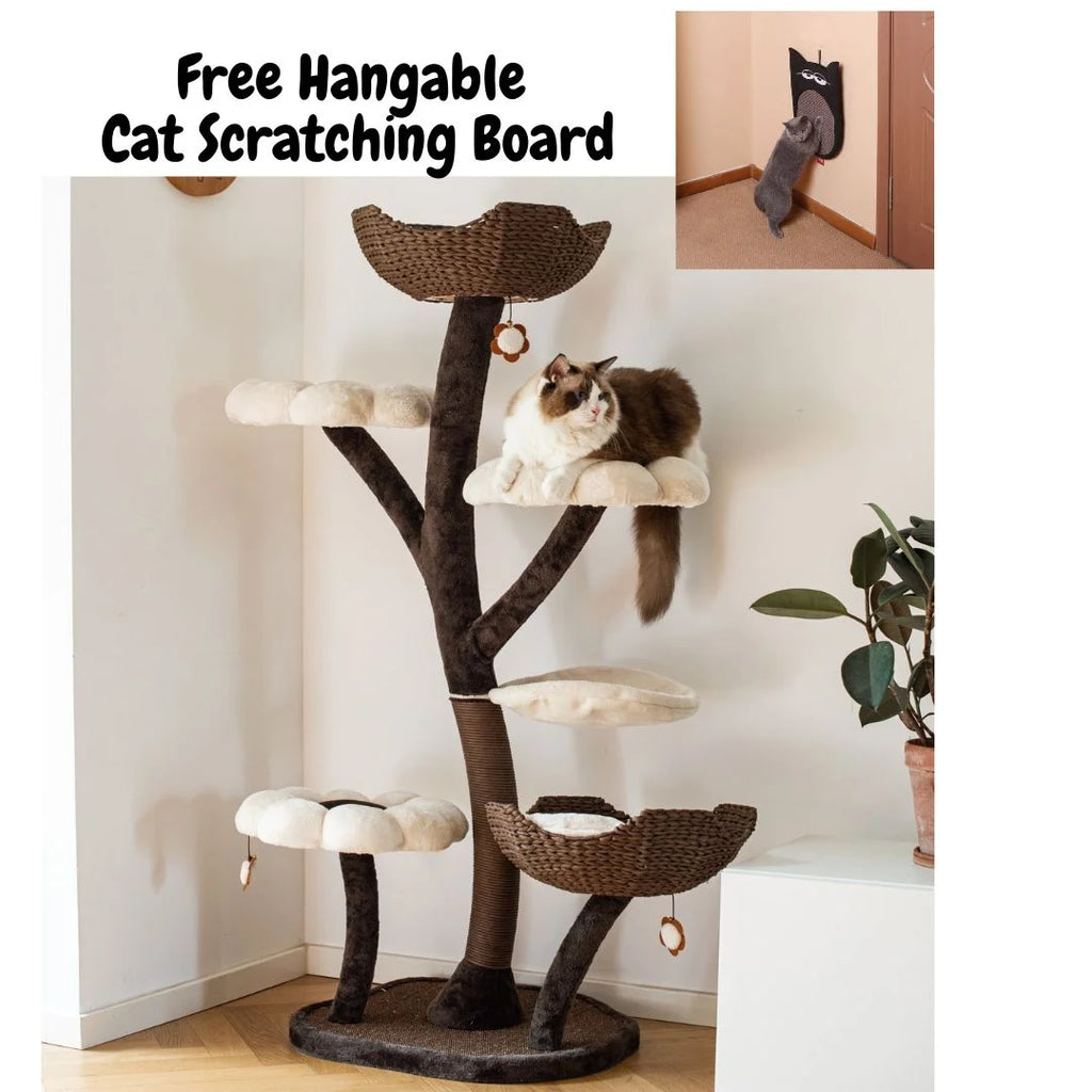 Catry 59" Natural Blossom Flower Woven Tree Branches Large Cat Tree 6-Level Cat Tower w/ Hammock Foam-Padded Perches Basket for Large Adult Cats Play House Indoor Climbing Modern Cat Furniture