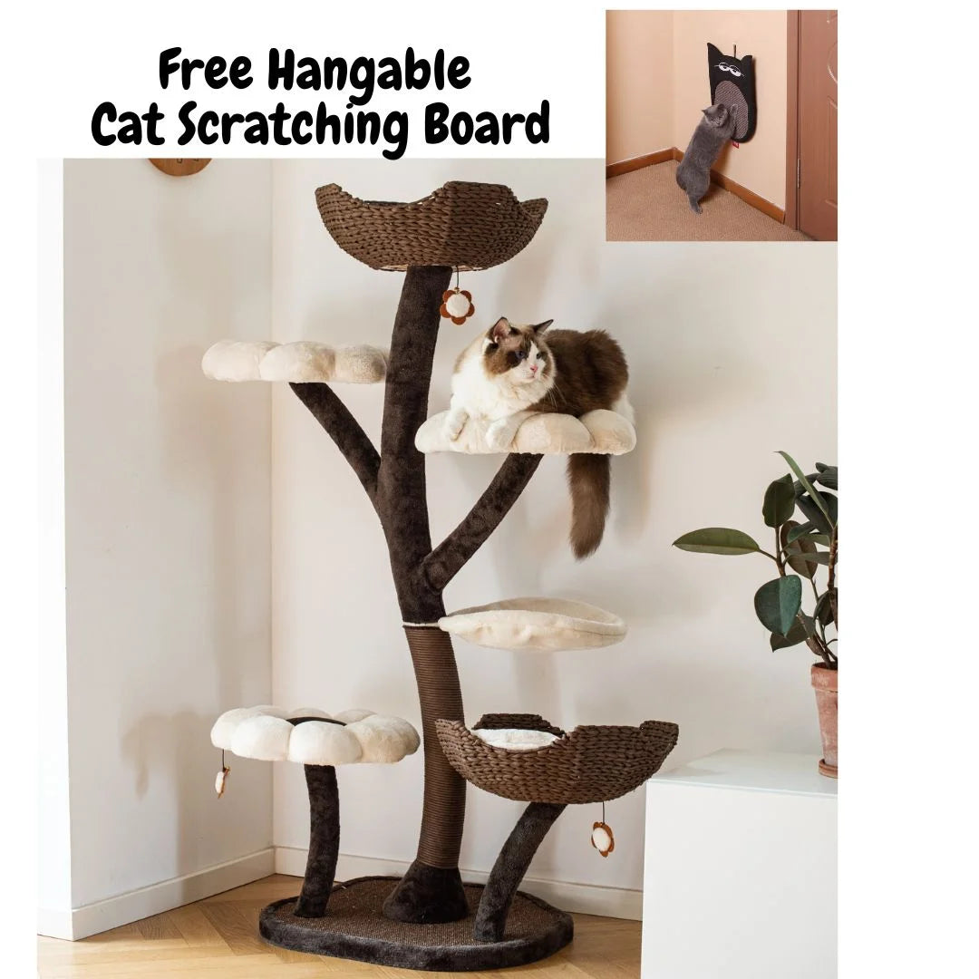 Catry 59" Natural Blossom Flower Woven Tree Branches Large Cat Tree 6-Level Cat Tower w/ Hammock Foam-Padded Perches Basket for Large Adult Cats Play House Indoor Climbing Modern Cat Furniture