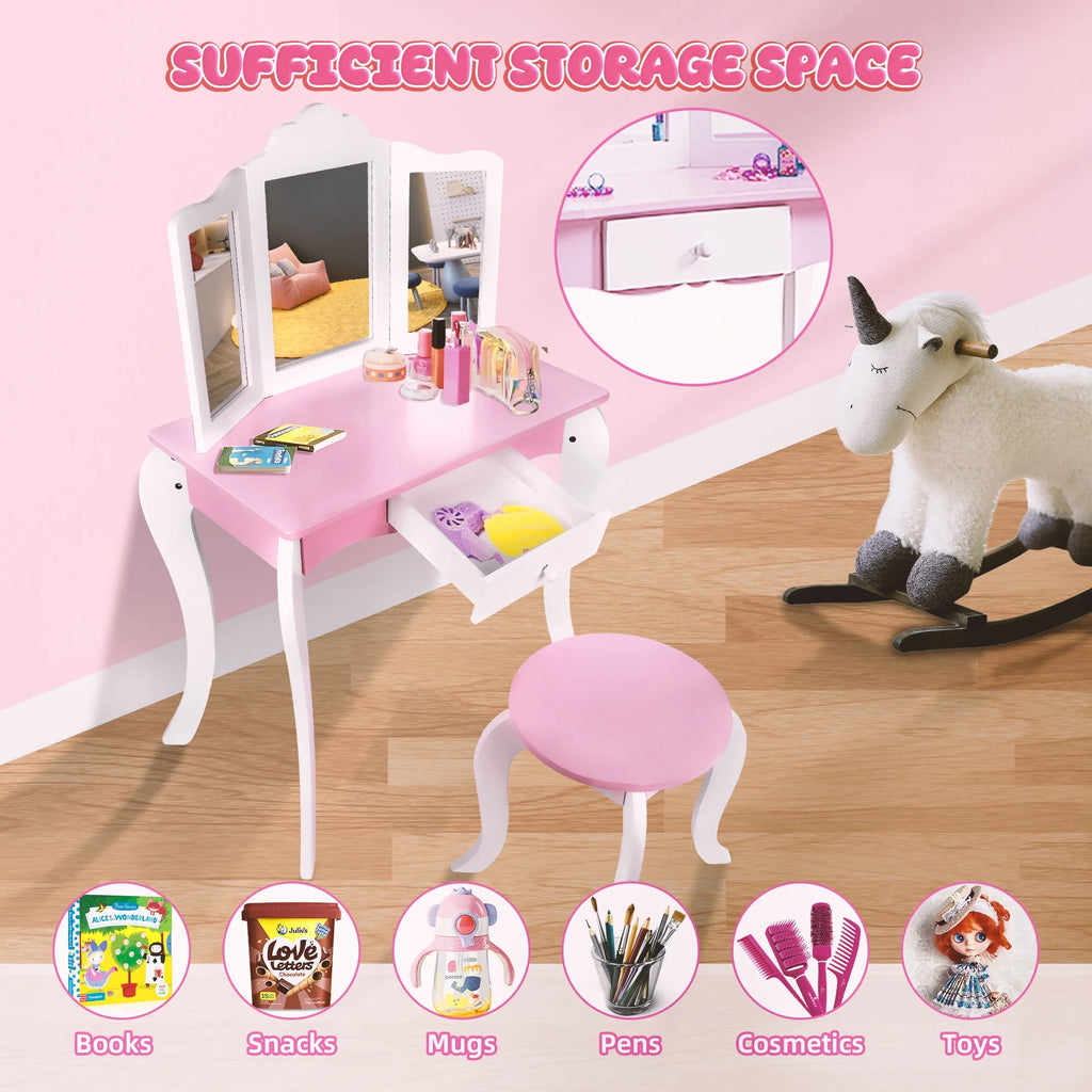 iRerts Kids Vanity Set with Mirror Princess Makeup Dressing Table, Pink O494