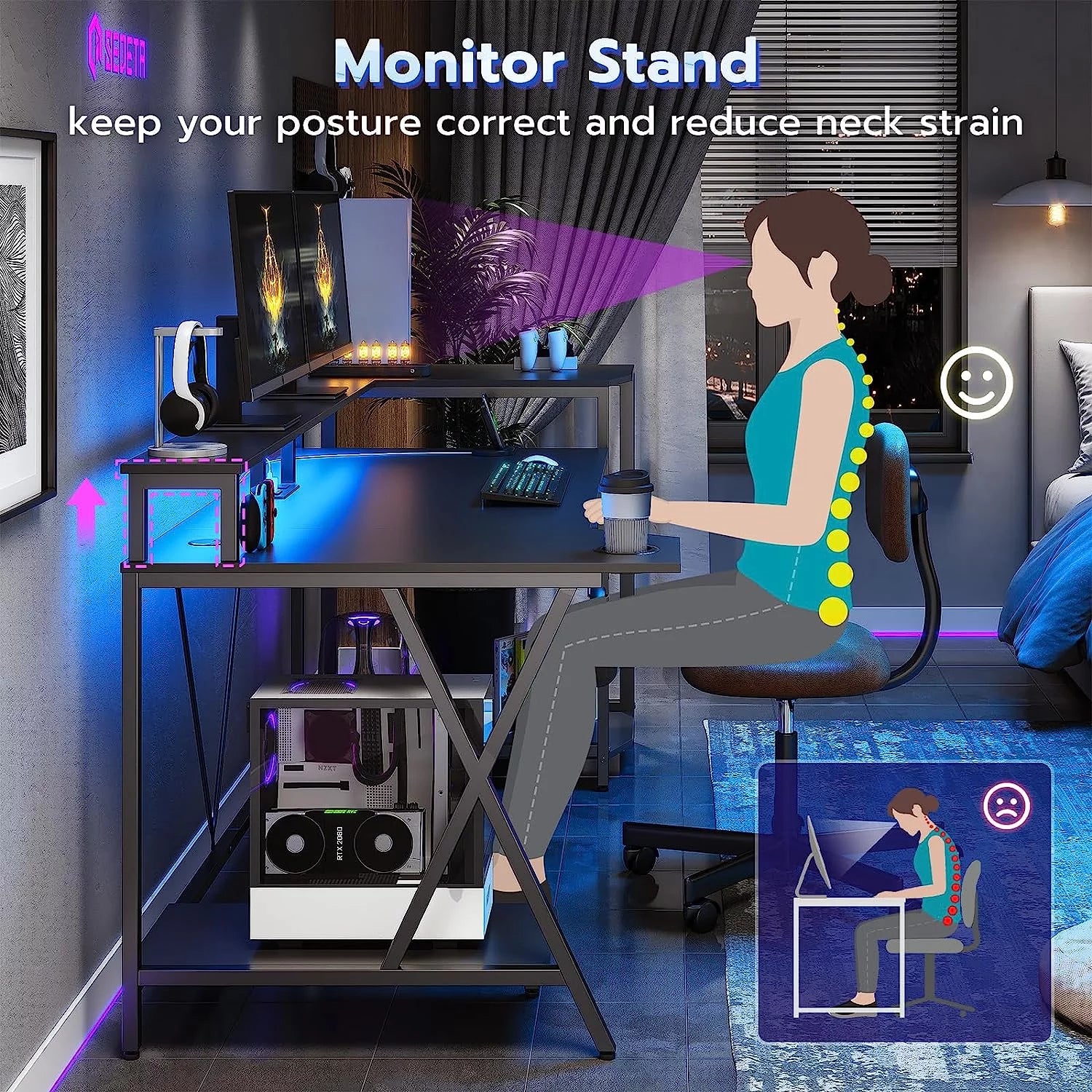 70.8'' Computer Desk with LED Lights and Storage Shelves, Black J414040