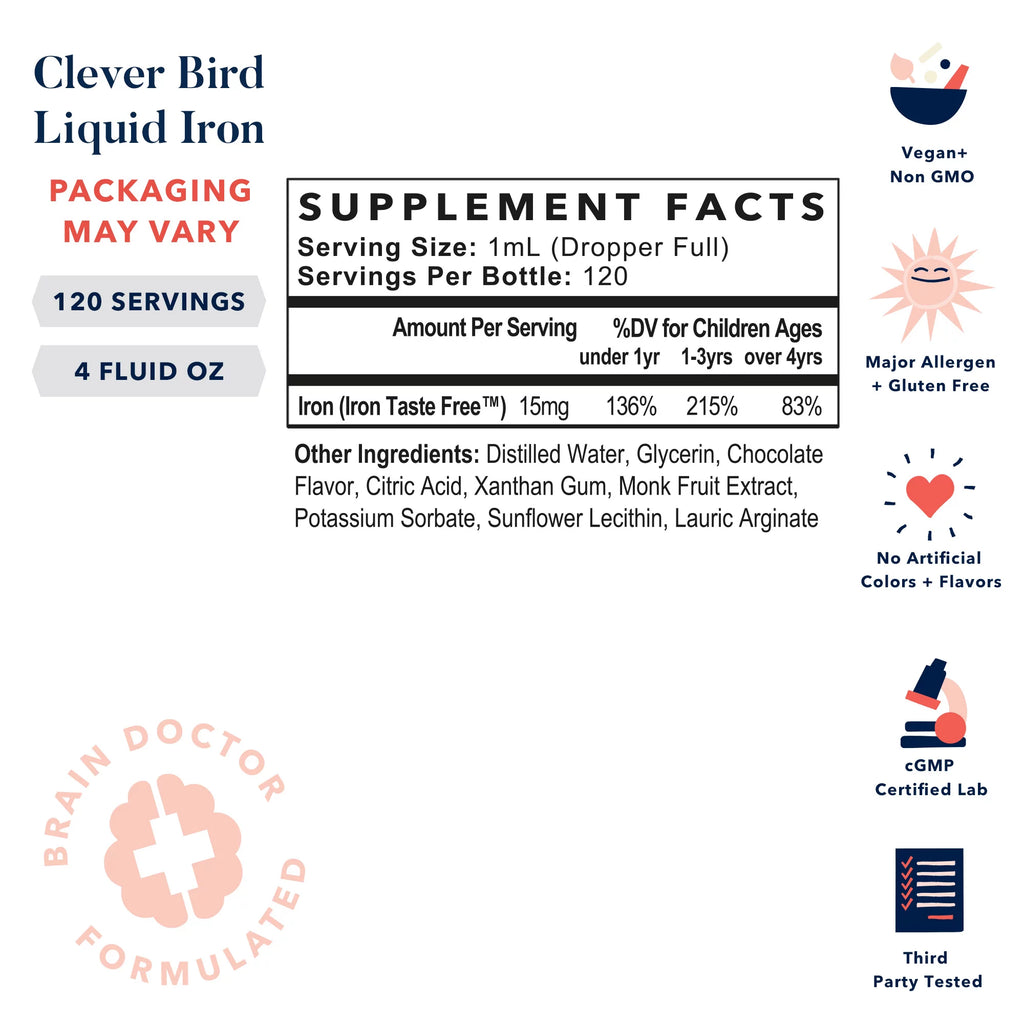 Clever Bird Liquid Iron Supplement - 15mg Vegan Drops for Kids and Adults, Chocolate Flavor A952957
