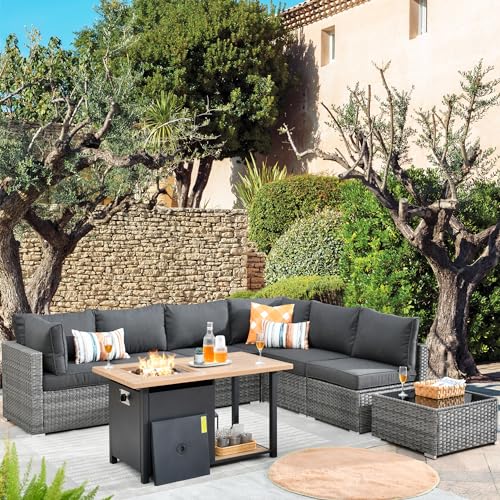 ovios 9 Piece Outdoor Wicker Patio Furniture Set with 50" Fire Table M70947