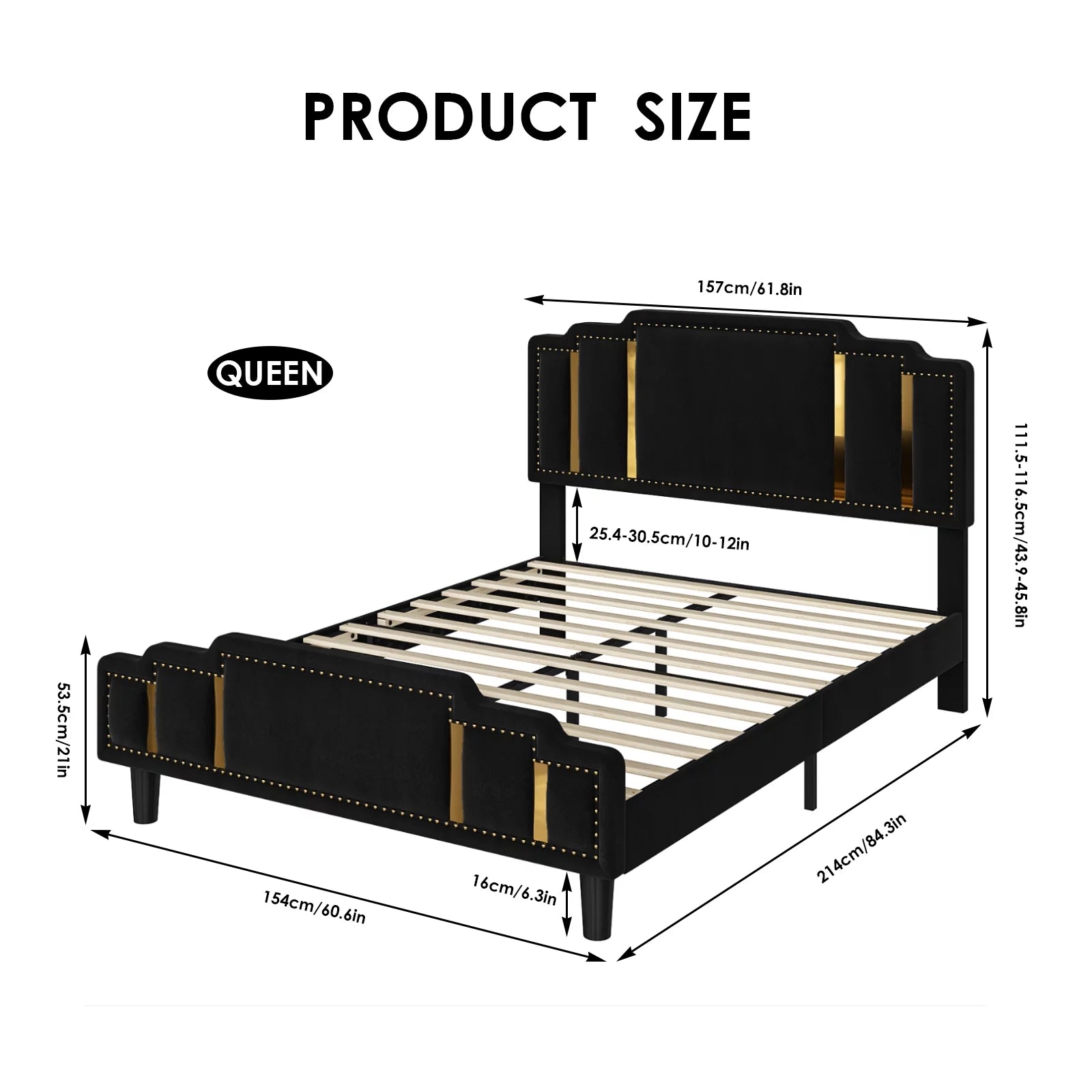 Queen Velvet Upholstered Platform Bed with Adjustable Headboard Black k7m