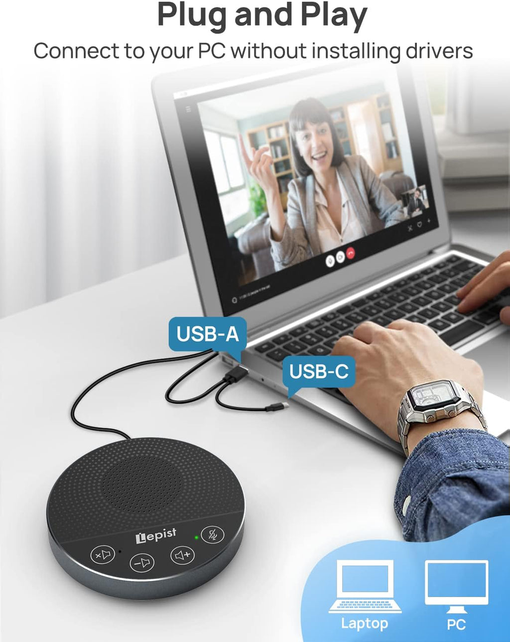 USB Speakerphone with Microphone for Conference Calls, 360 Voice Pickup, Plug and Play k7