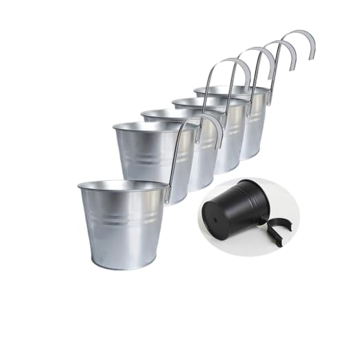 Hanging Flower Pots for Outdoor Indoor Plants with Removable Hooks -5 Pack Metal Buckets Hanging Plant Pots Wall Fence Home Decor-Storage Box,Drainage Holes -5''Diameter (Black)
