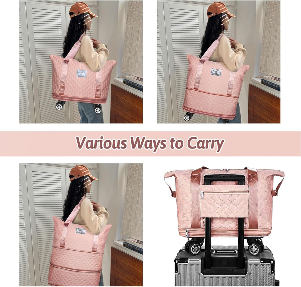 Rolling Duffle Bag with Wheels, Expandable Travel Luggage, Foldable Carry On, Large Pink a7