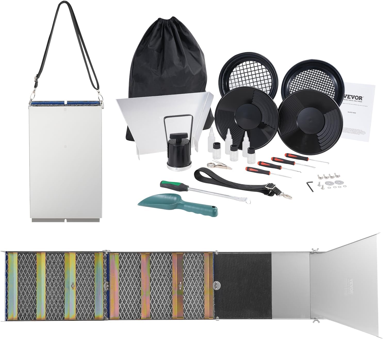 VEVOR Complete Sluice Box Gold Panning Kit, 50" Folding Aluminum Alloy, 23 PCS Prospecting Equipment C595335