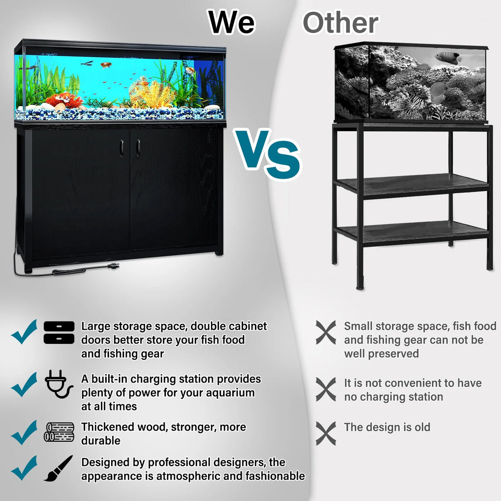 TC-HOMENY 55-75 Gallon Aquarium Stand with Cabinet and Charging Station, Black E45434