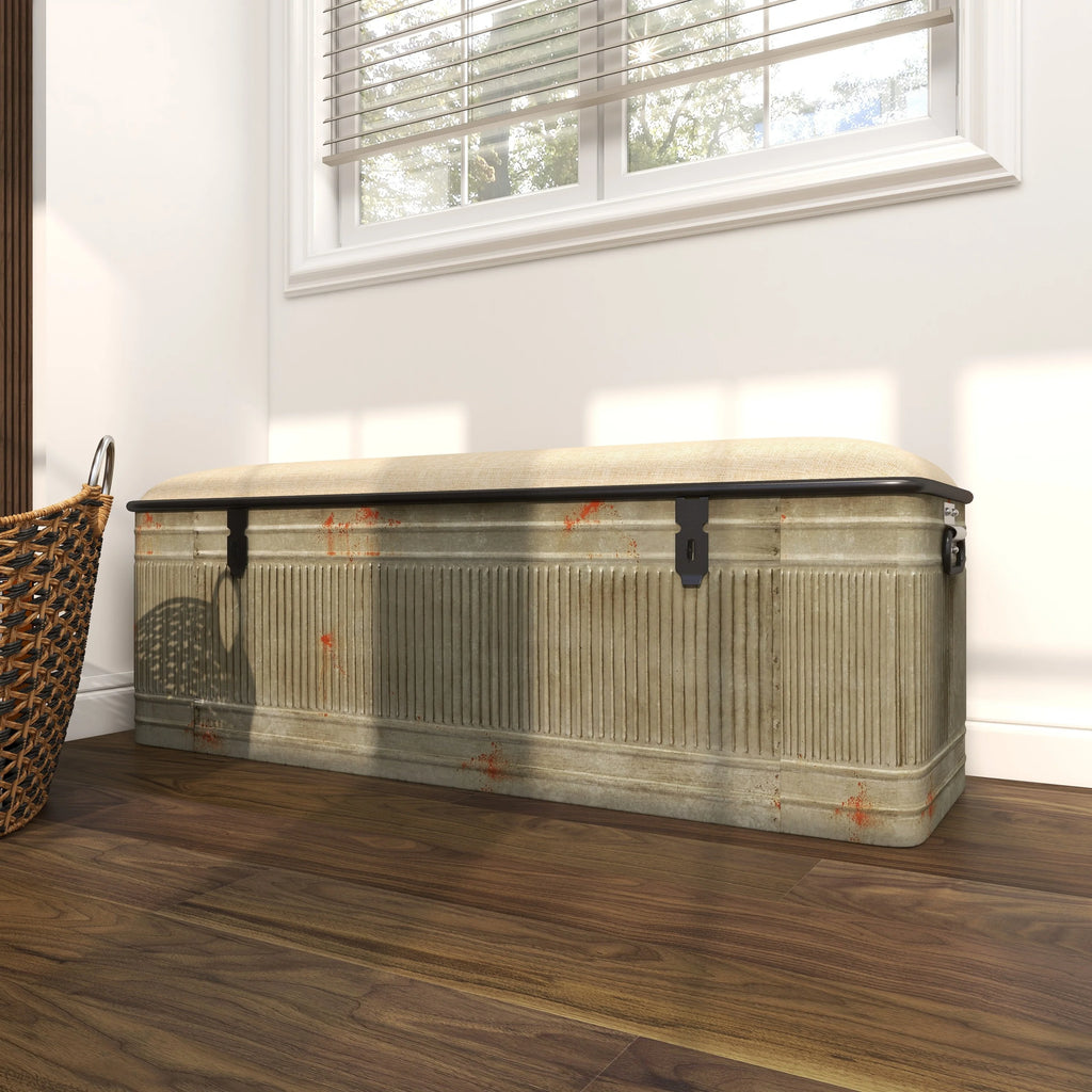 DecMode Metal Galvanized Storage Bench with Cream Burlap Top K1740