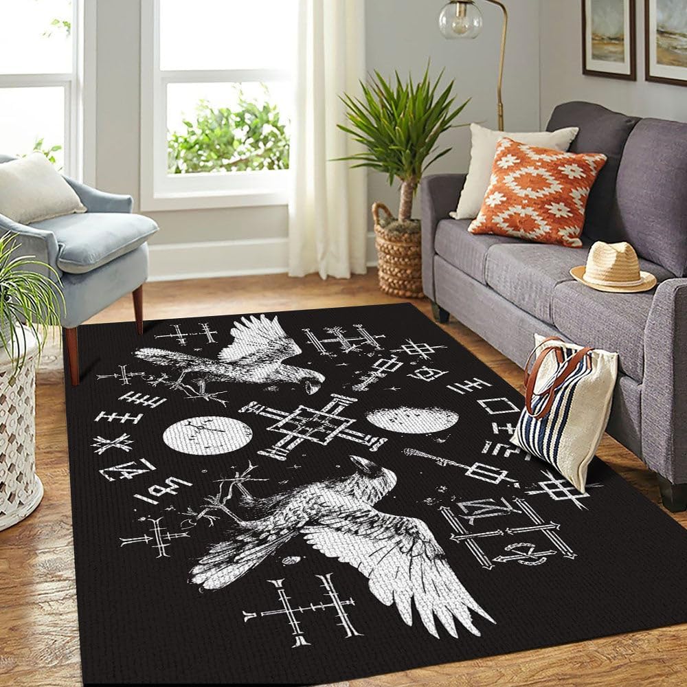 Viking Rugs for Living Room, Scandinavian Mythology Nordic Design Carpet, Custom Size 3x5 4x6 5x8 ft (Raven) F460