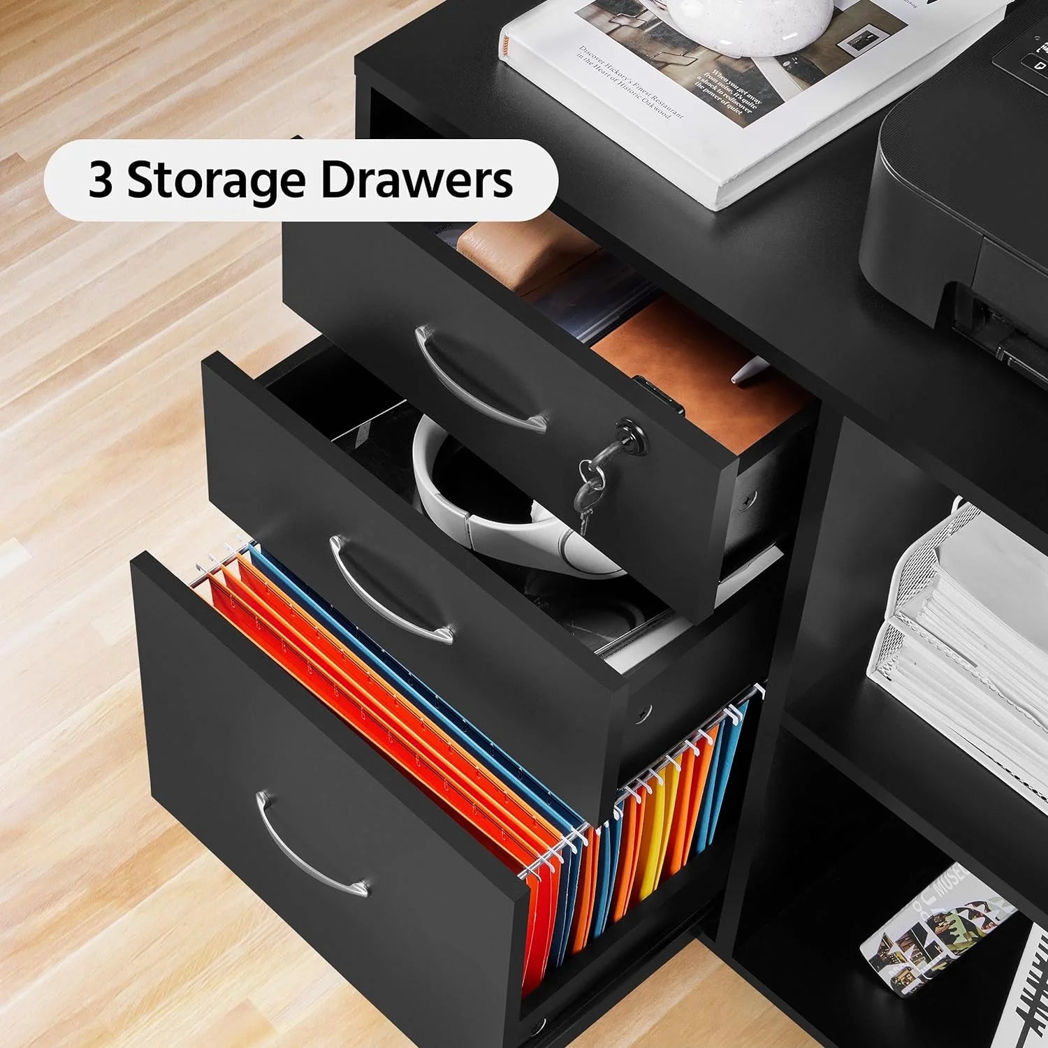 Black File Cabinet with Lock, 3 Drawer Lateral for Home Office O4008