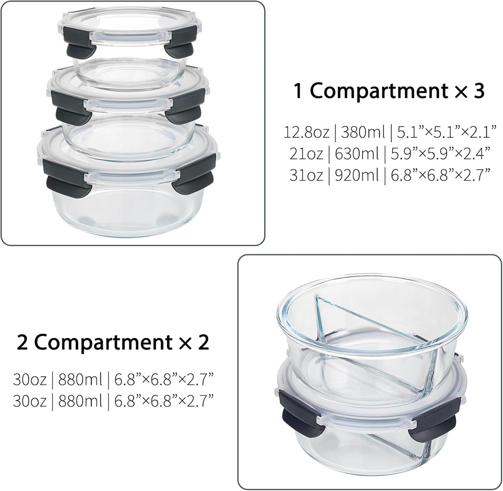 Moretoes Glass Food Storage Containers with Lids, 10-Pack, Gray Round Meal Prep, Airtight P686882