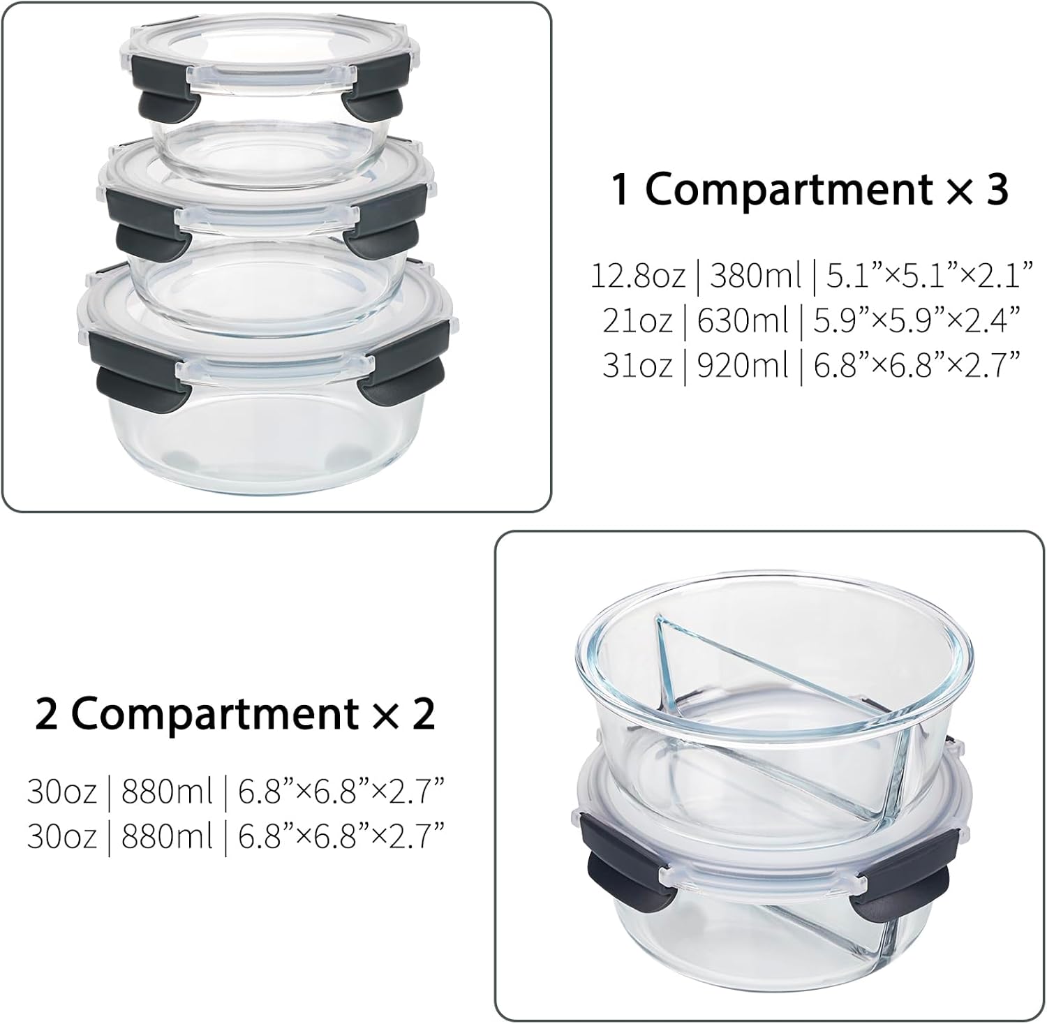 Moretoes Glass Food Storage Containers with Lids, 10-Pack, Gray Round Meal Prep, Airtight P686882