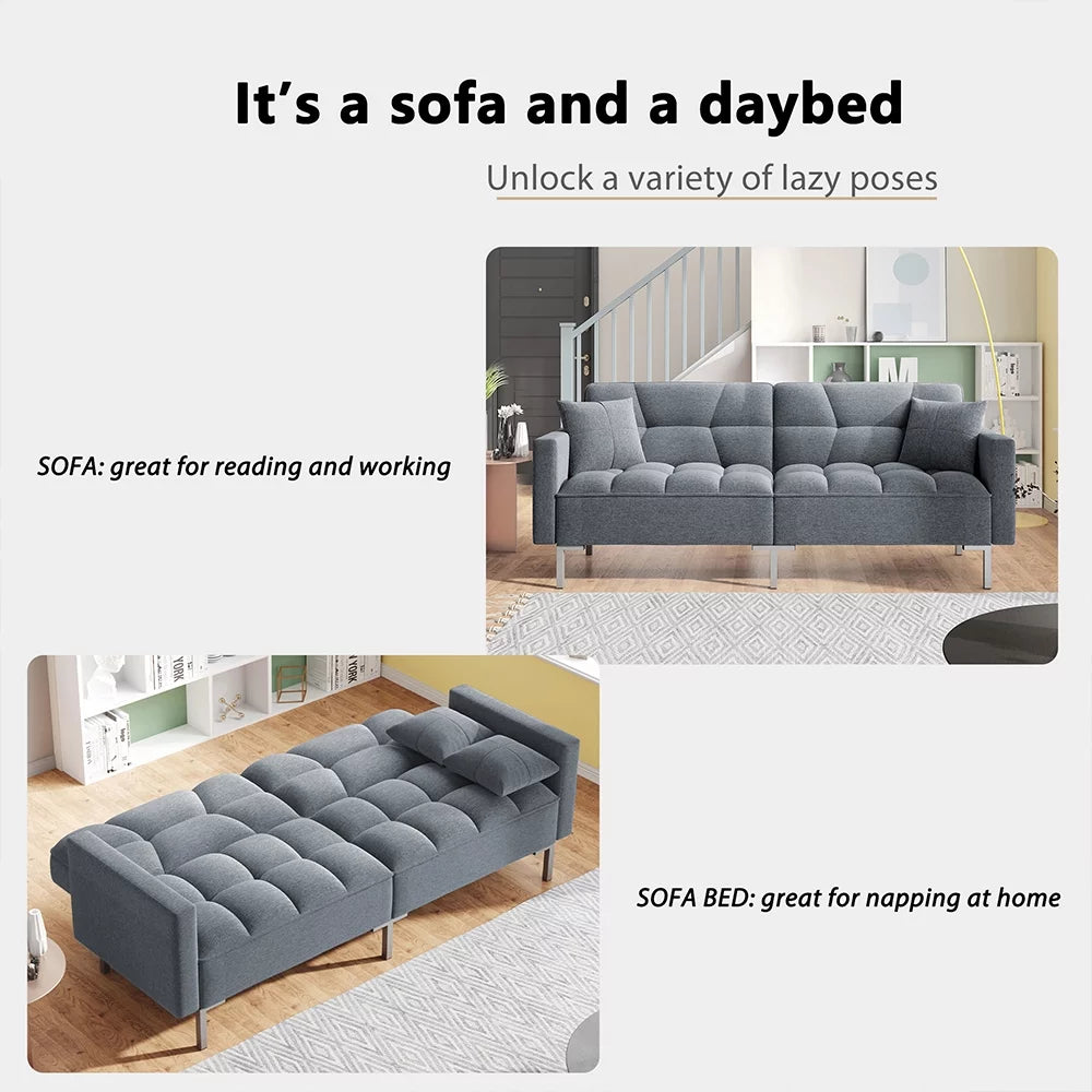 Gray Futon Sofa Bed with 2 Pillows and Metal Legs J375995