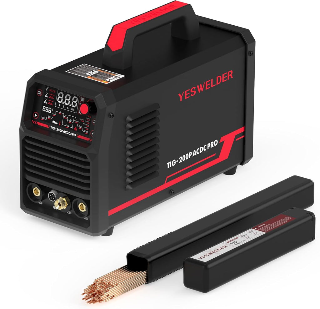YESWELDER 200A AC/DC Aluminum Tig Welder with Pulse Large LED Display, Digital Inverter STICK/TIG 110/220V Dual Voltage & Mild Steel TIG Welding Rod ER70S-6 3/32"x16" 5LB