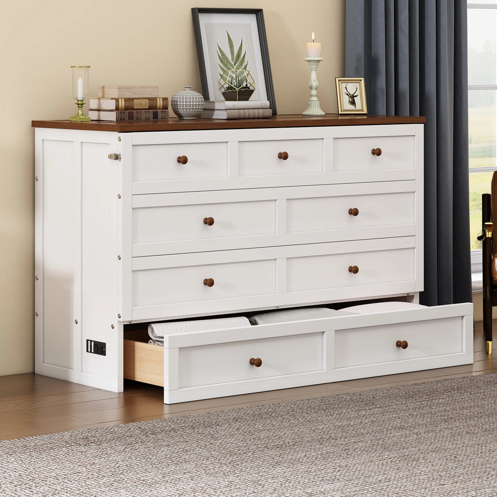 Bellemave Murphy Bed Queen with Storage Drawer, Solid Wood, Charging Station P8432