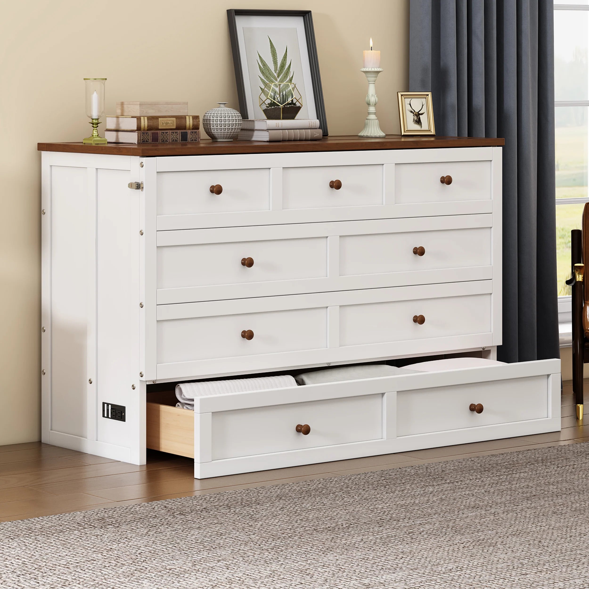 Bellemave Murphy Bed Queen with Storage Drawer, Solid Wood, Charging Station P8432