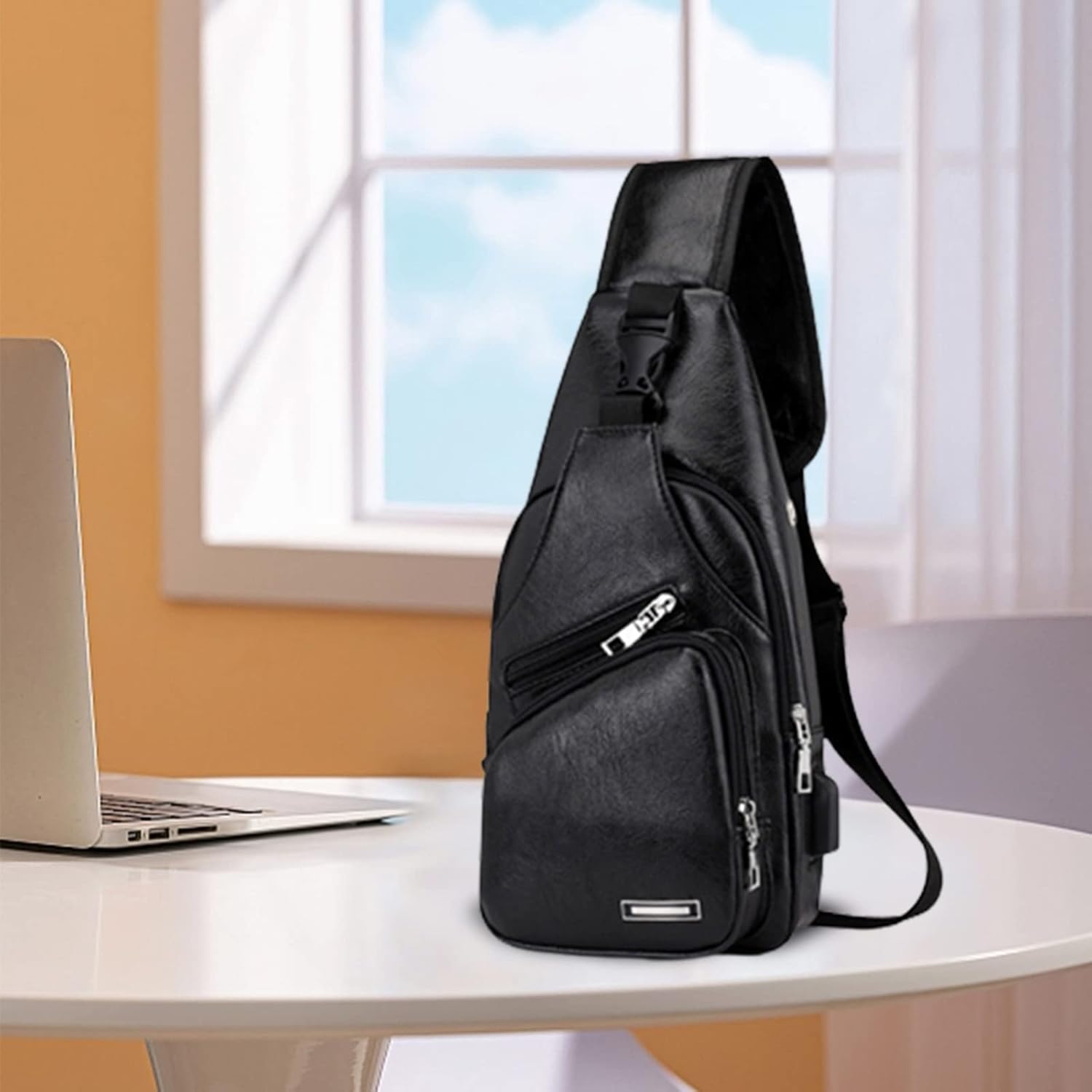 Waterproof Leather Sling Backpack with USB Port a7