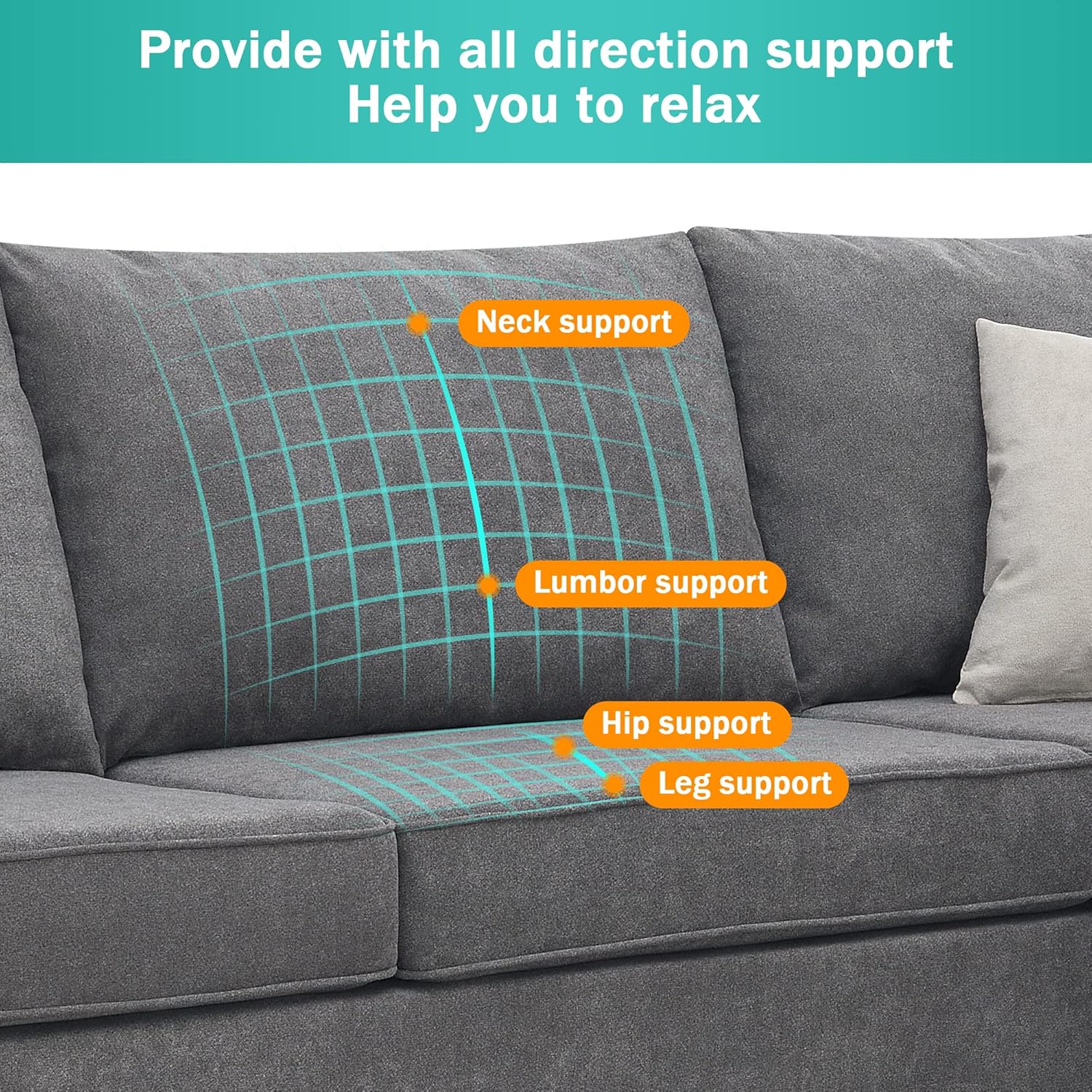 Harper & Bright Designs L-Shape Sectional Sofa with 3 Pillows, Gray N712