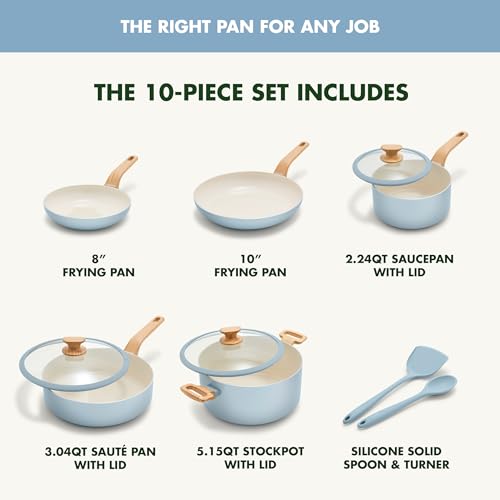 GreenPan Rio Essence Wood 10 Piece Cookware Set, Ceramic Nonstick, Blue Y813