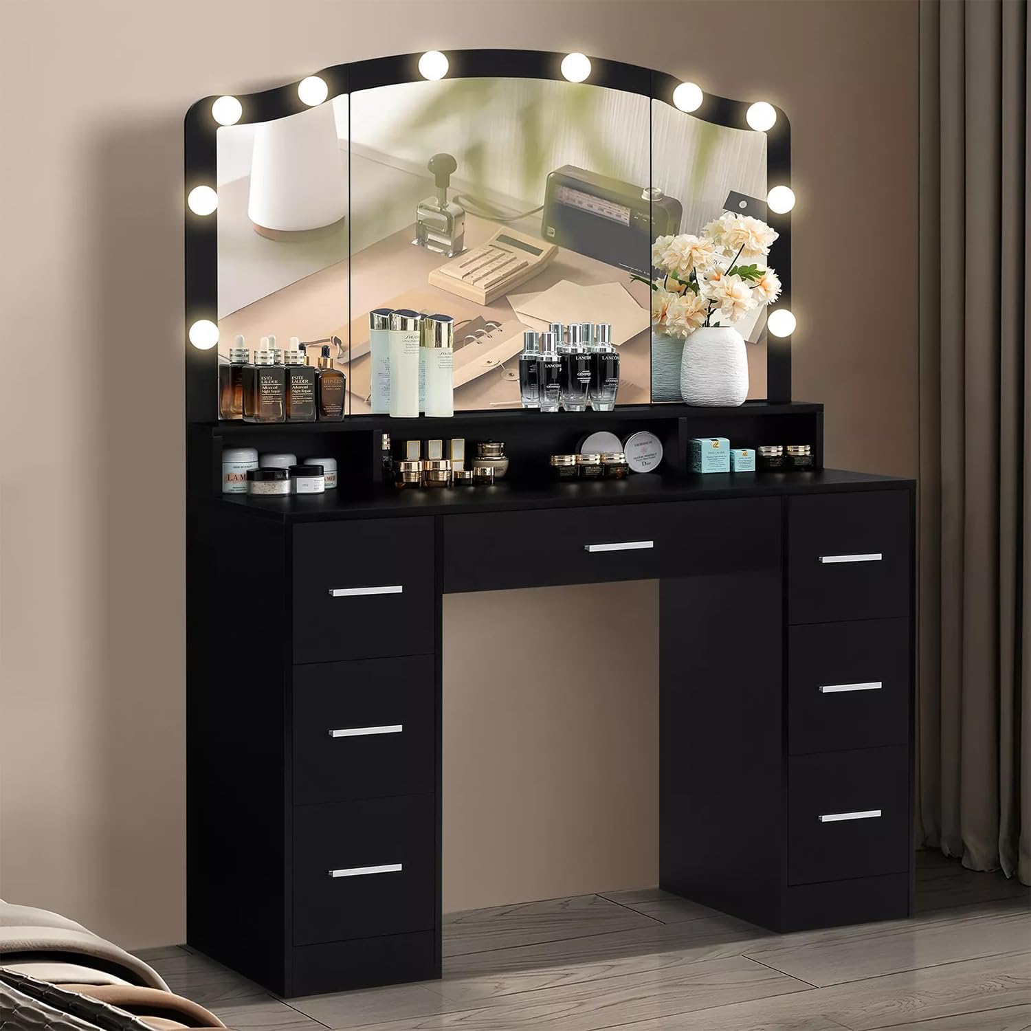 Modern 43.3" Black Vanity Desk with Lighted Mirror and 7 Drawers M739