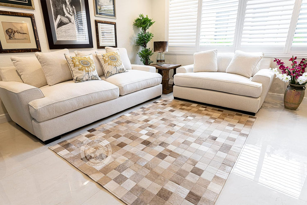 Sunshine Cowhides 100% Genuine Patchwork Cowhide Rug - Taupe-Champagne, Mosaic Design, Modern Animal Hide Rugs for Living Room, Office or Kitchen Area - Decorative Indoor Carpet - Medium (4x6 Ft.)