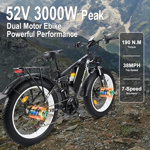 Peak 3000W Fat-Tire Electric Bike for Adults - PHNHOLUN Seeker24 Dual Motor, 52V 25AH, Full Suspension I901738