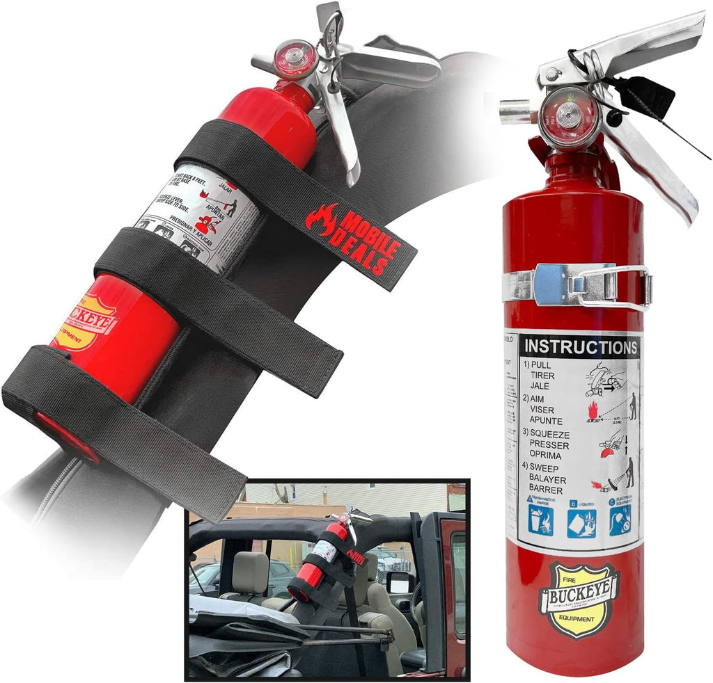 Dry Chemical 2.5 Pounds lbs Fire Extinguisher with Vehicle Bracket and Mobile Deals Adjustable Roll Bar Holder Mount compatible with Jeep Wrangler Unlimited, CJ, JK, TJ - Durable Strap Pack of 2