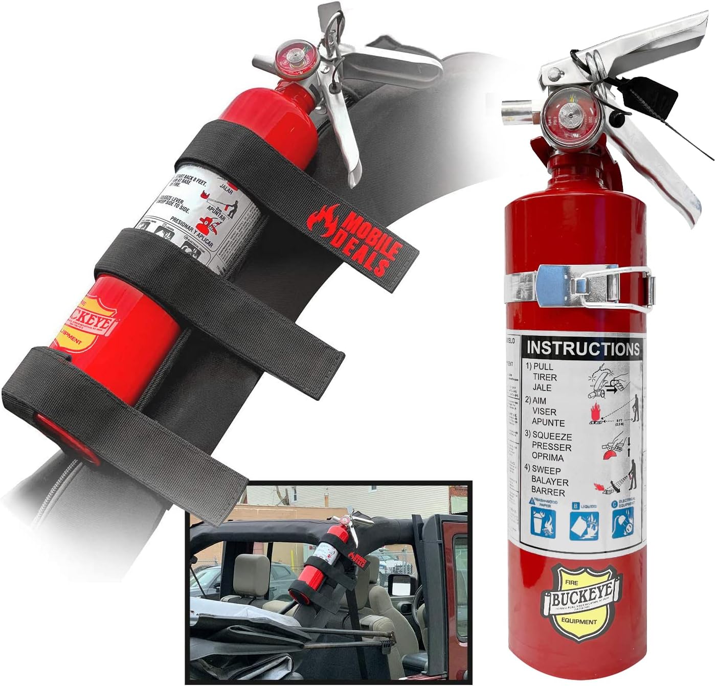 Dry Chemical 2.5 Pounds lbs Fire Extinguisher with Vehicle Bracket and Mobile Deals Adjustable Roll Bar Holder Mount compatible with Jeep Wrangler Unlimited, CJ, JK, TJ - Durable Strap Pack of 2