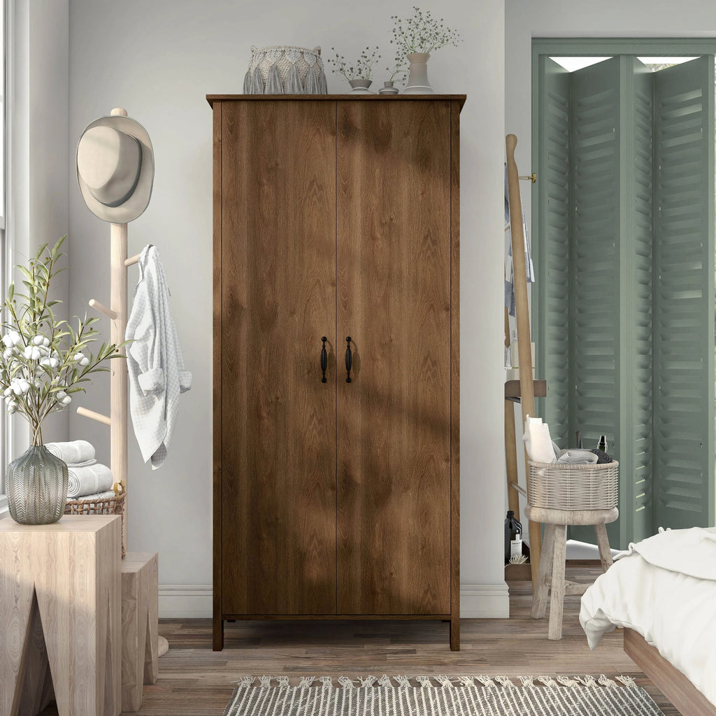 Denhour DH BASIC Rustic Distressed Walnut Double-door Wardrobe Closet with Shelves J4446