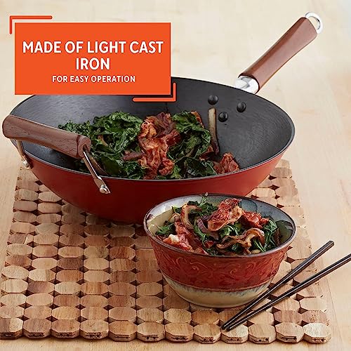 IMUSA USA Light Cast Iron Wok with Wood Handles 14-Inch N953
