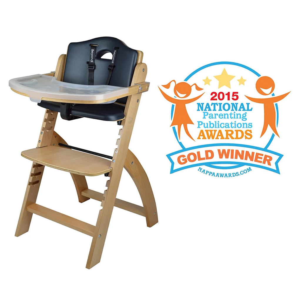 Abiie Beyond Wooden High Chair with Tray, Adjustable Baby Highchair, Natural Wood Black Cushion E283528